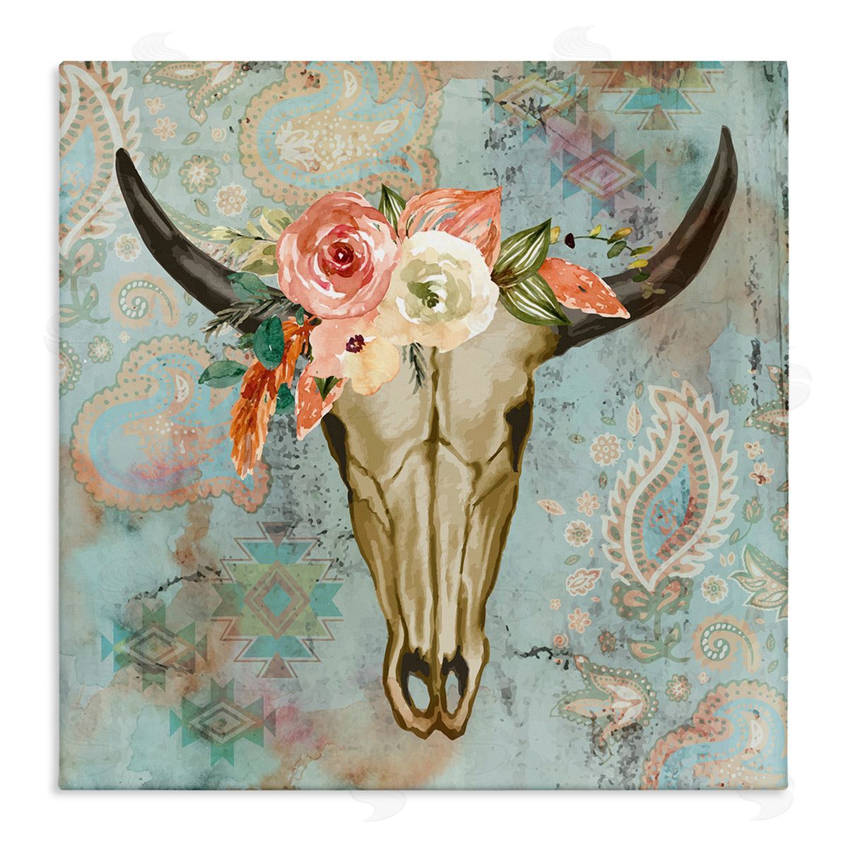 Nicole DeCamp Southwestern Paisley Animal Skull Stretched Canvas Wall Art Print