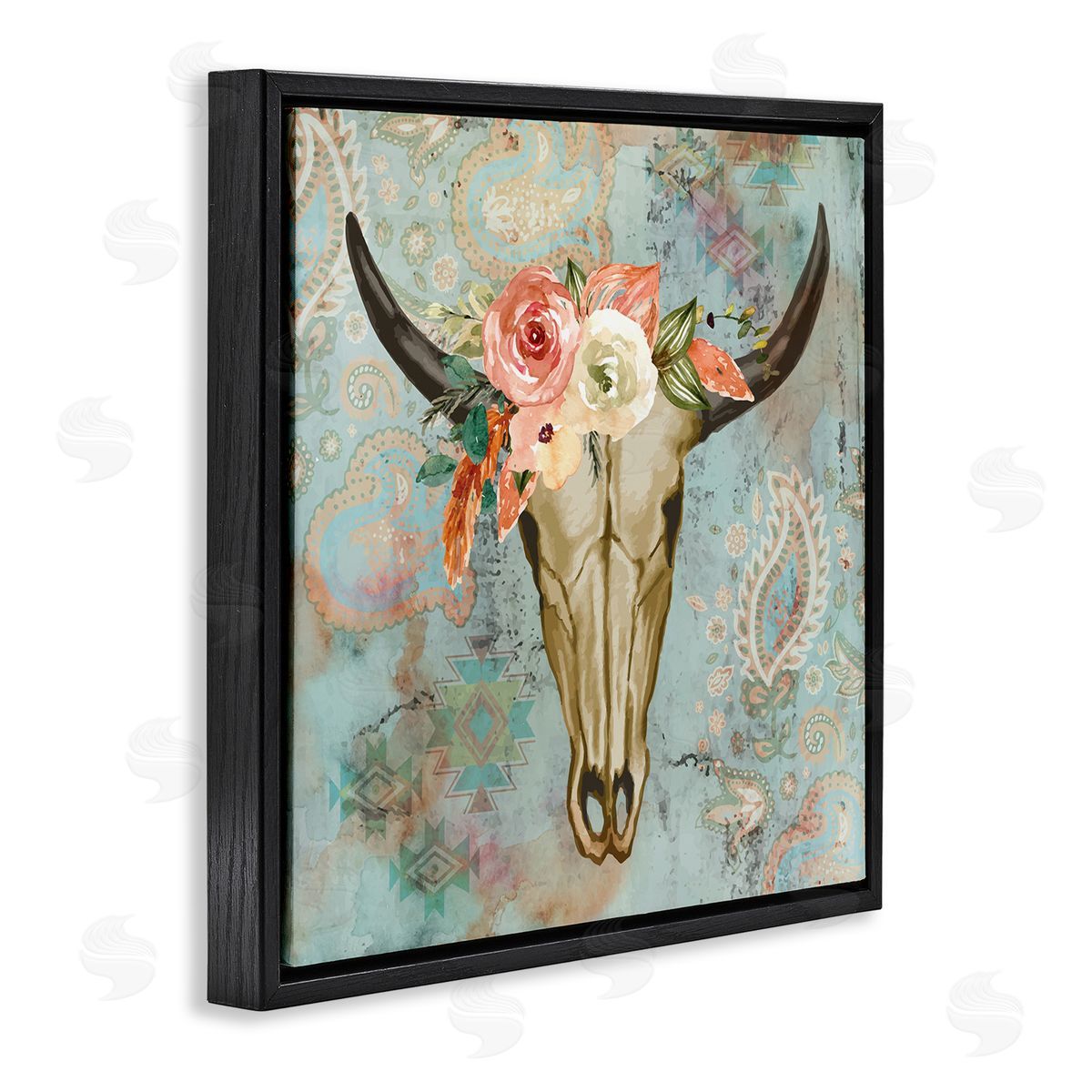 Nicole DeCamp Southwestern Paisley Animal Skull Black Floating Frame Canvas Wall Art Print