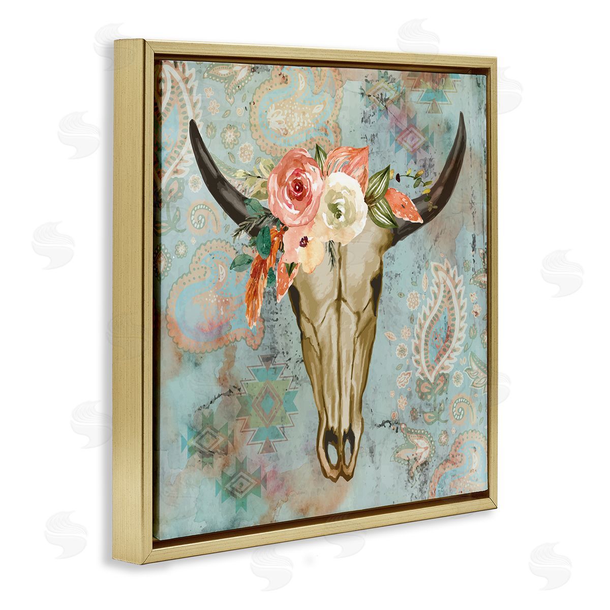 Nicole DeCamp Southwestern Paisley Animal Skull Gold Floating Frame Canvas Wall Art Print