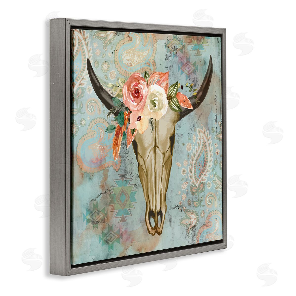 Nicole DeCamp Southwestern Paisley Animal Skull Gray Floating Frame Canvas Wall Art Print