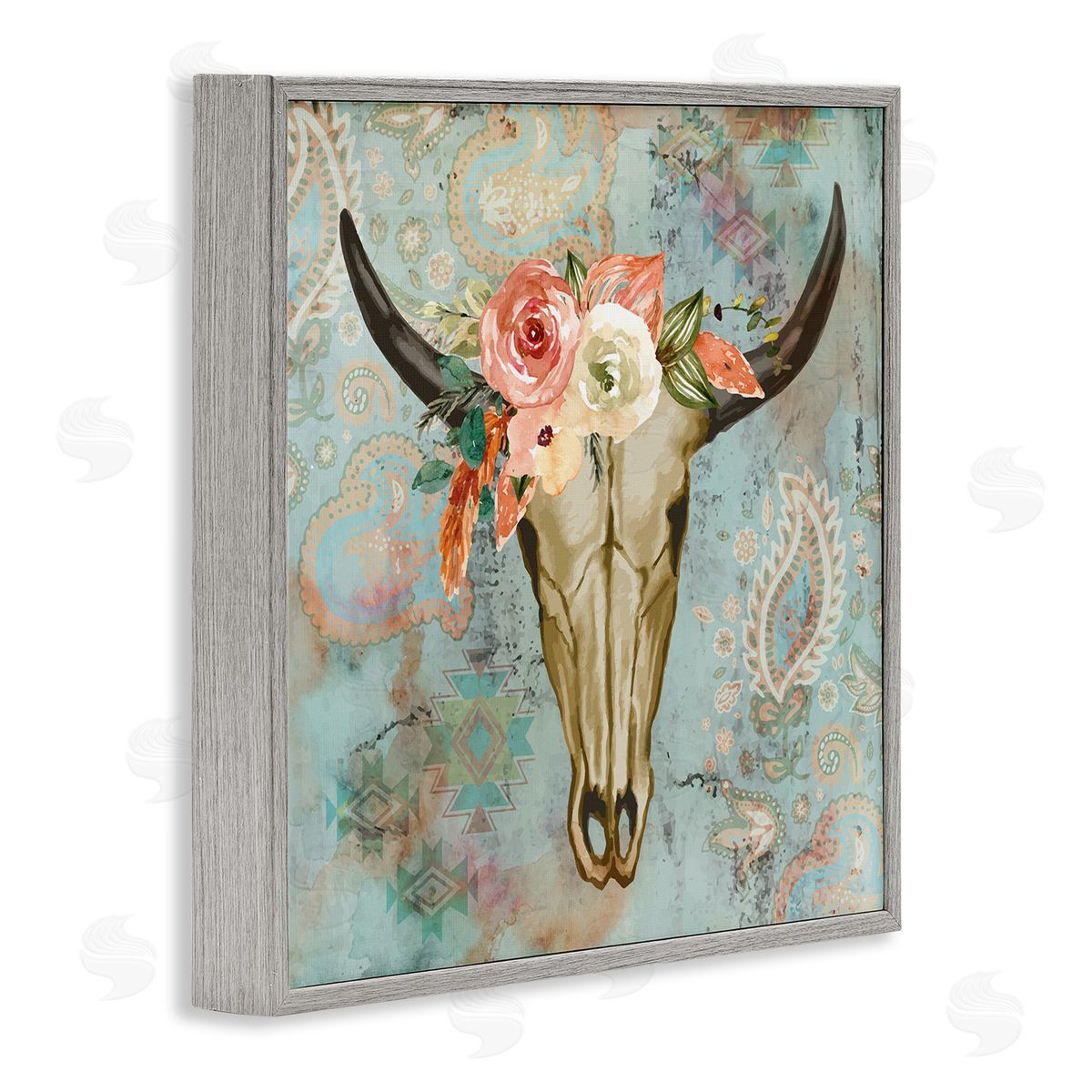 Nicole DeCamp Southwestern Paisley Animal Skull Gray Framed Glicee Wall Art Print