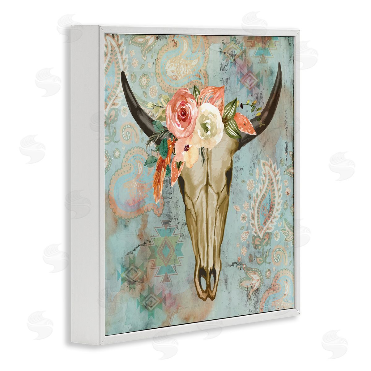 Nicole DeCamp Southwestern Paisley Animal Skull White Framed Glicee Wall Art Print