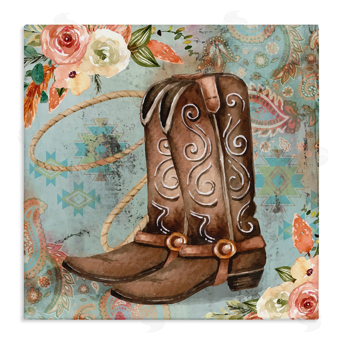 Cowboy Boots Western Paisley Florals Canvas Wall Art, Home Decor by ND Art