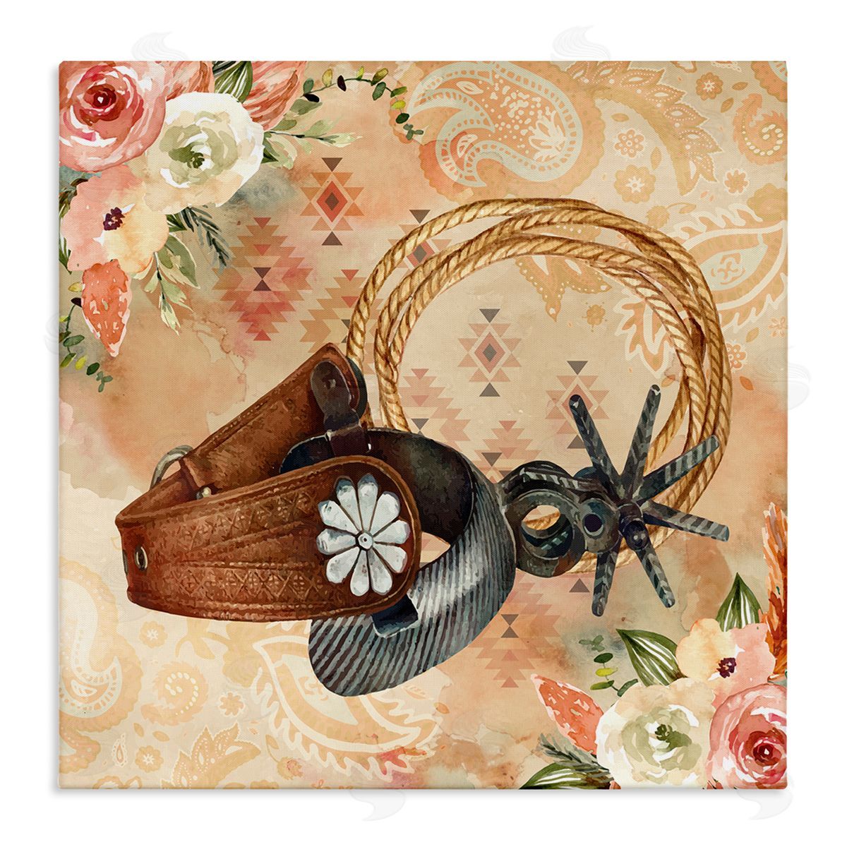 Nicole DeCamp Cowboy Spurs Floral Roses Stretched Canvas Wall Art Print