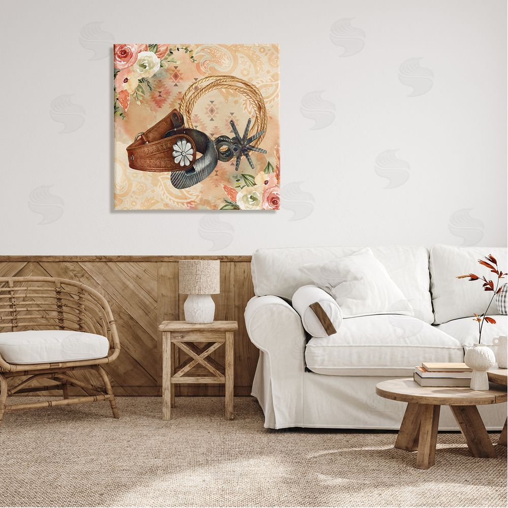 Nicole DeCamp Cowboy Spurs Floral Roses Canvas Wall Art in Room