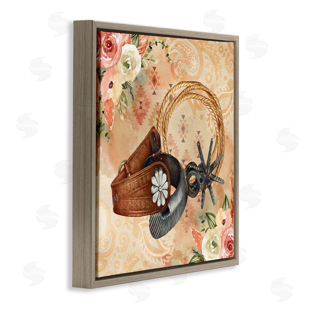 Nicole DeCamp Cowboy Spurs Floral Roses Brown Floating Frame Canvas Wall Art Print
