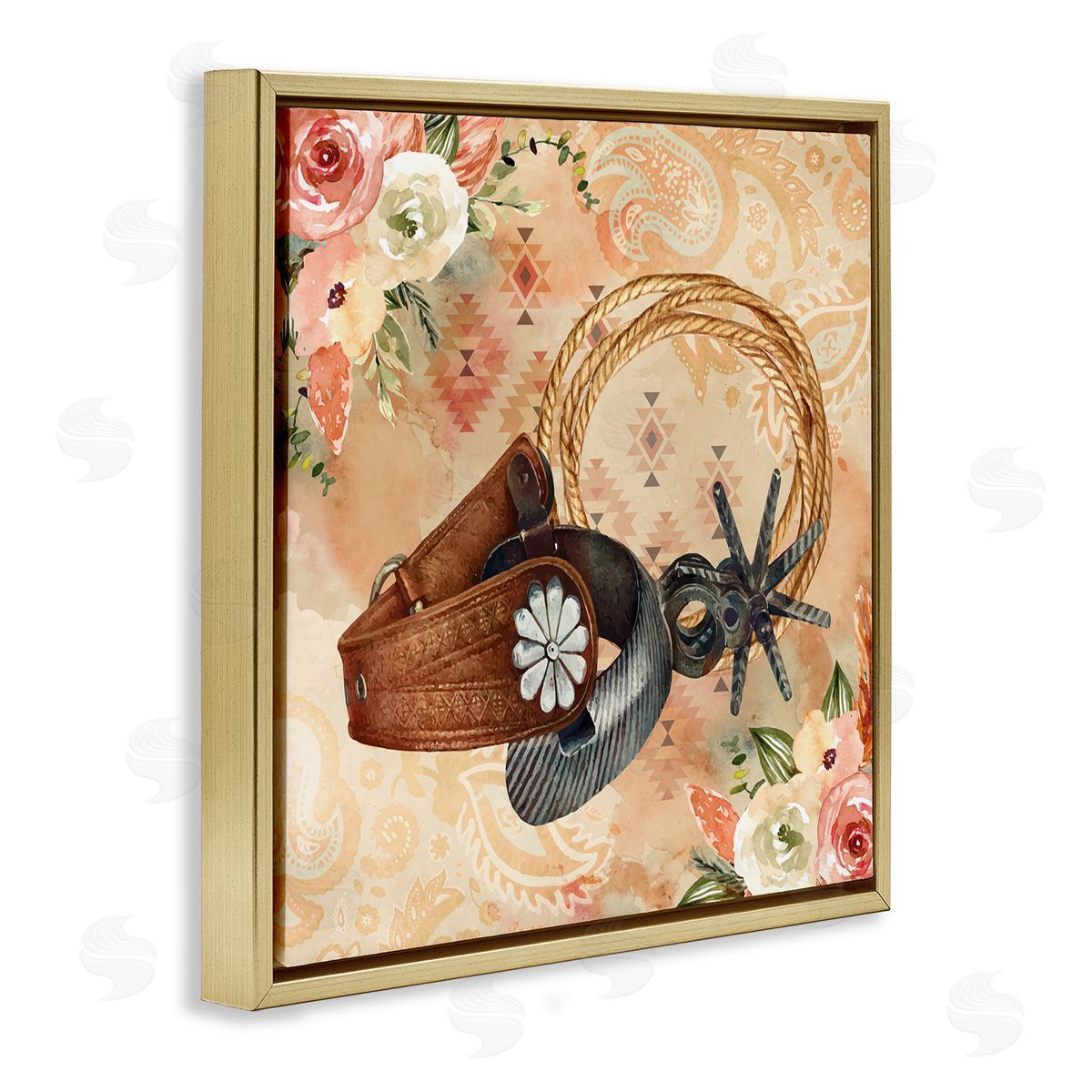 Nicole DeCamp Cowboy Spurs Floral Roses Gold Floating Frame Canvas Wall Art Print