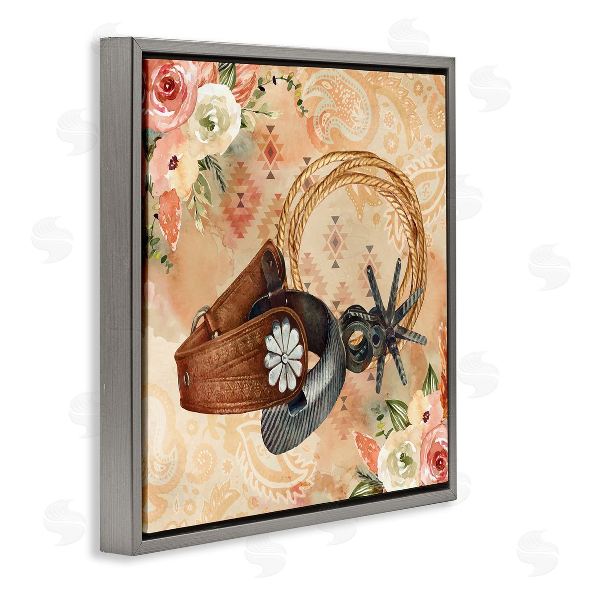Nicole DeCamp Cowboy Spurs Floral Roses Gray Floating Frame Canvas Wall Art Print