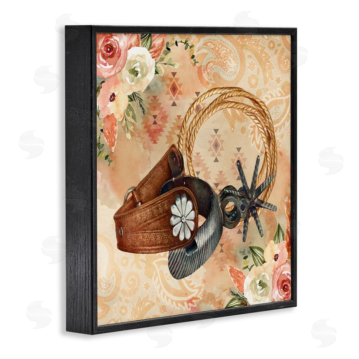 Nicole DeCamp Cowboy Spurs Floral Roses Black Framed Glicee Wall Art Print