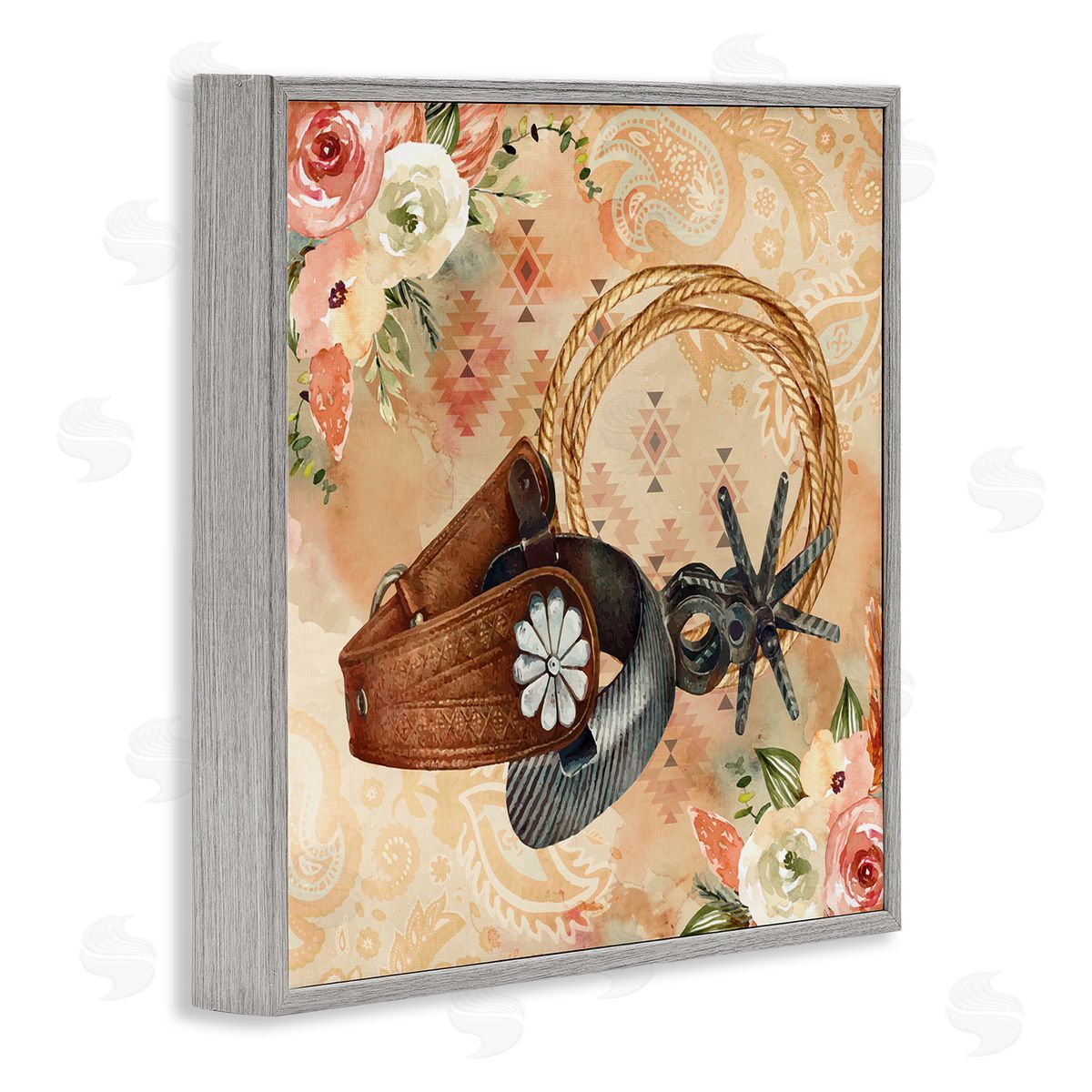 Nicole DeCamp Cowboy Spurs Floral Roses Gray Framed Glicee Wall Art Print