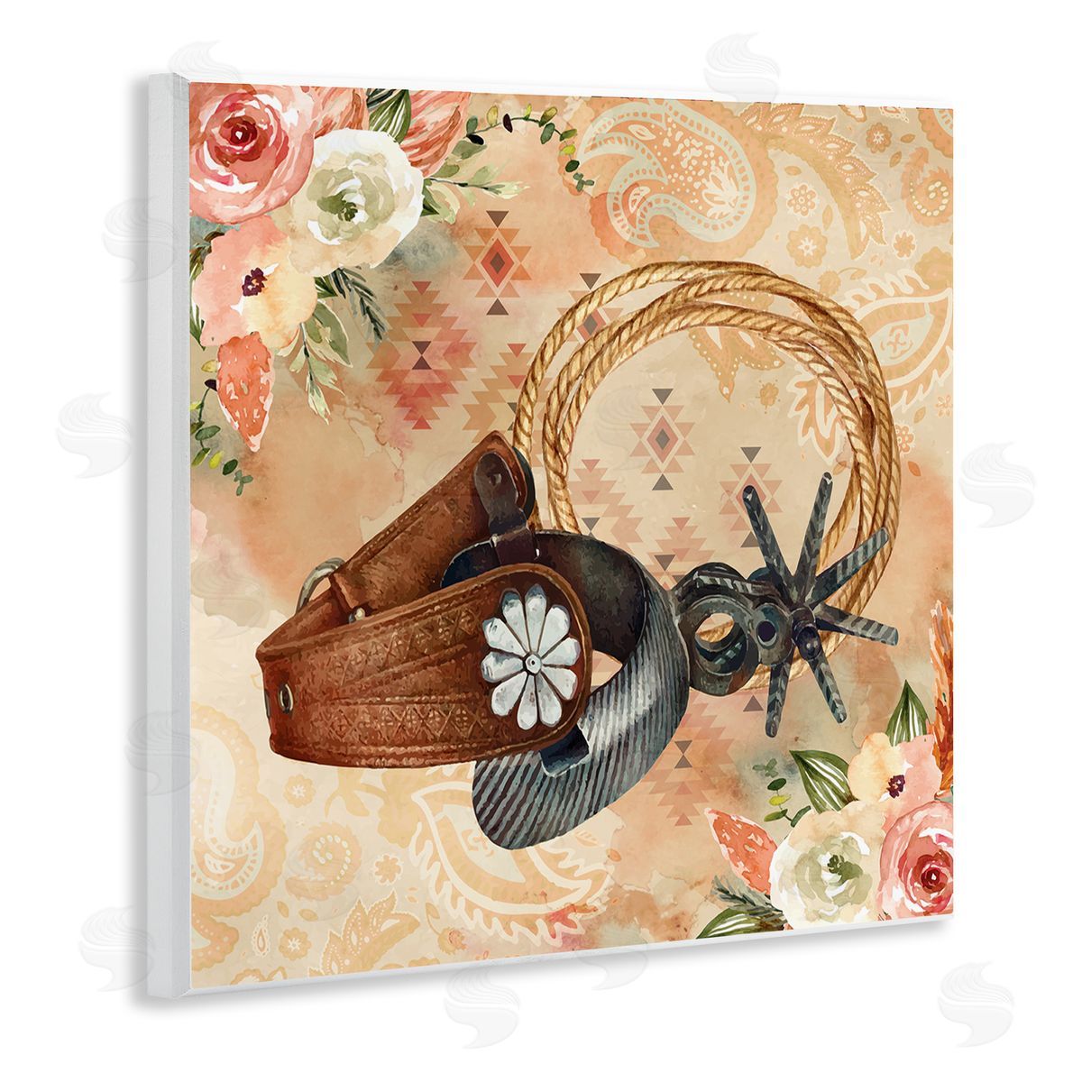 Nicole DeCamp Cowboy Spurs Floral Roses Wooden Wall Plaque Art Print