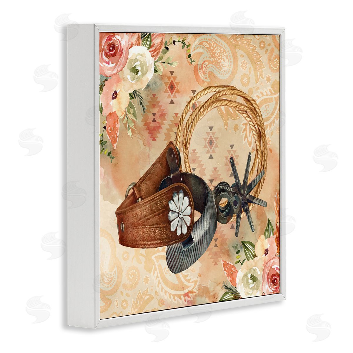 Nicole DeCamp Cowboy Spurs Floral Roses White Framed Glicee Wall Art Print
