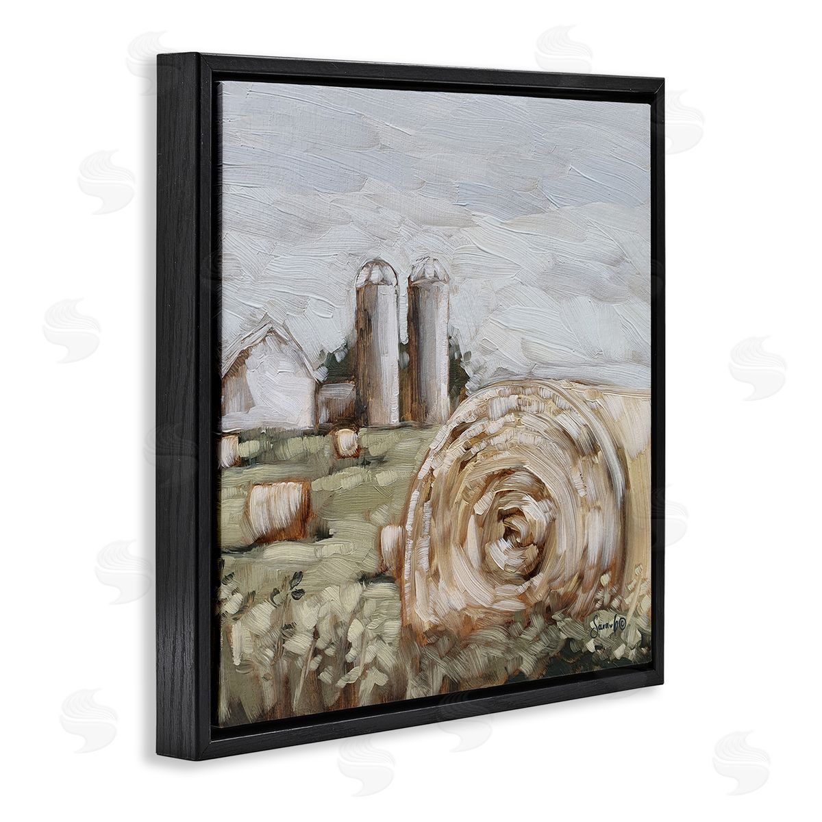 Hay Bales Farmland Pasture Black Floating Frame Canvas Wall Art, Home Decor by Sara G. Designs