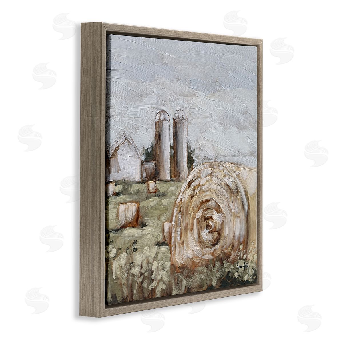 Hay Bales Farmland Pasture Brown Floating Frame Canvas Wall Art, Home Decor by Sara G. Designs