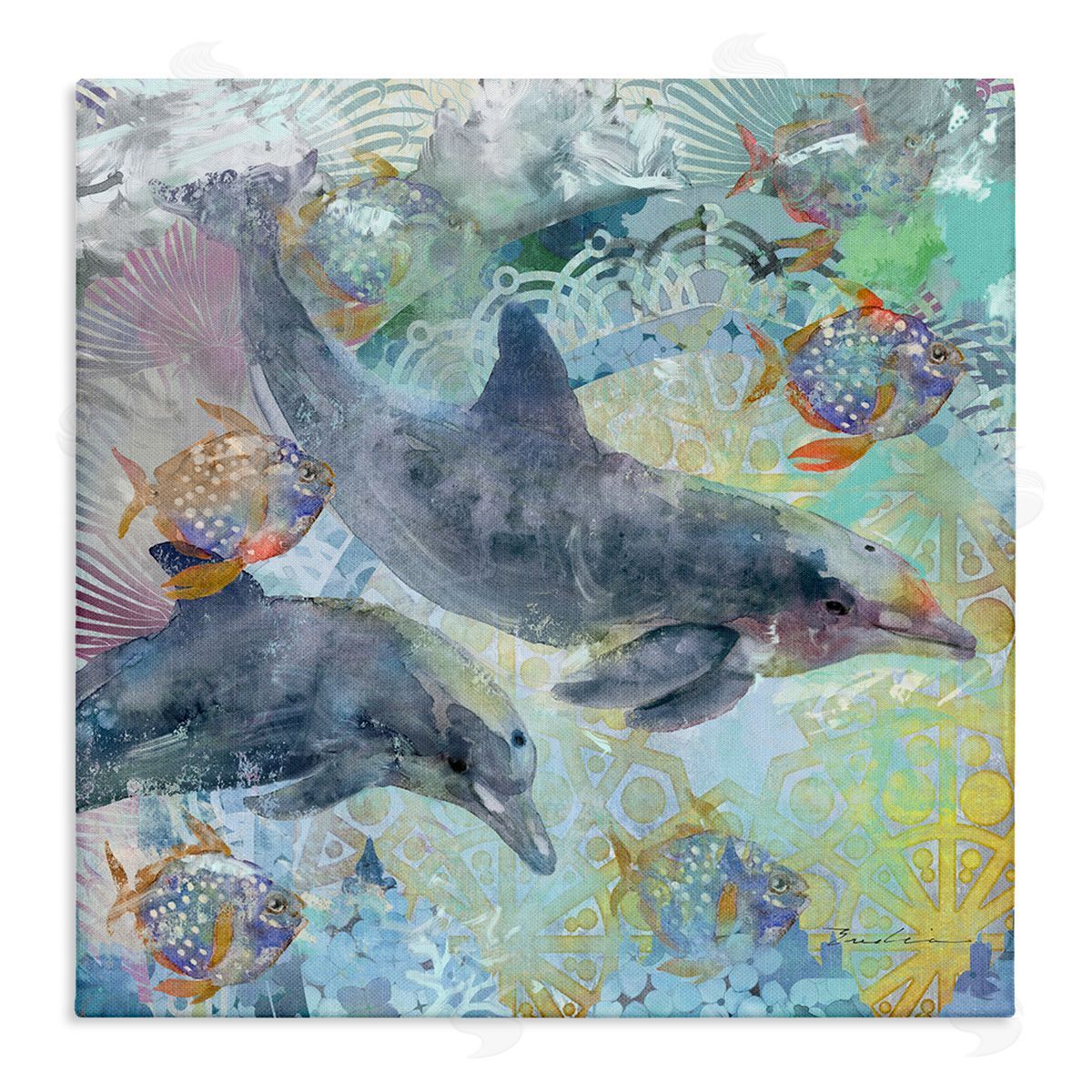 Evelia Designs Dolphins & Fish Aquatic Fractals Stretched Canvas Wall Art Print