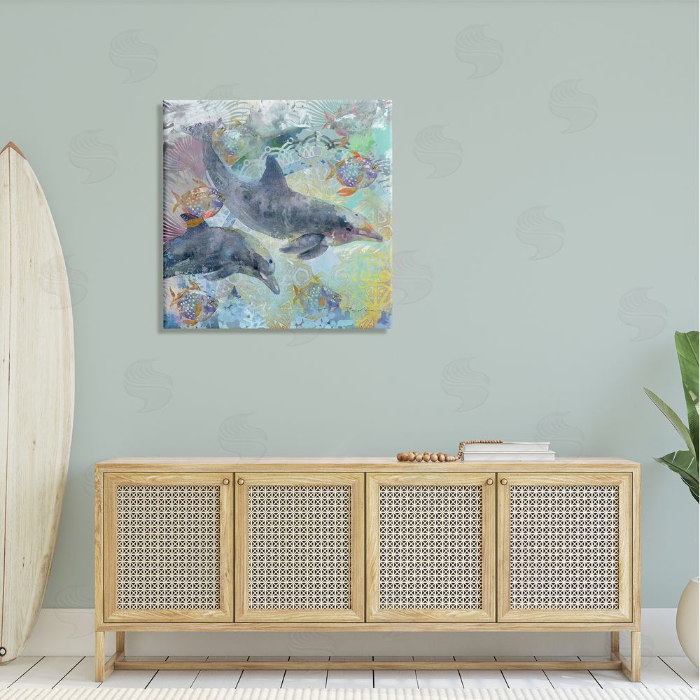 Evelia Designs Dolphins & Fish Aquatic Fractals Canvas Wall Art in Room