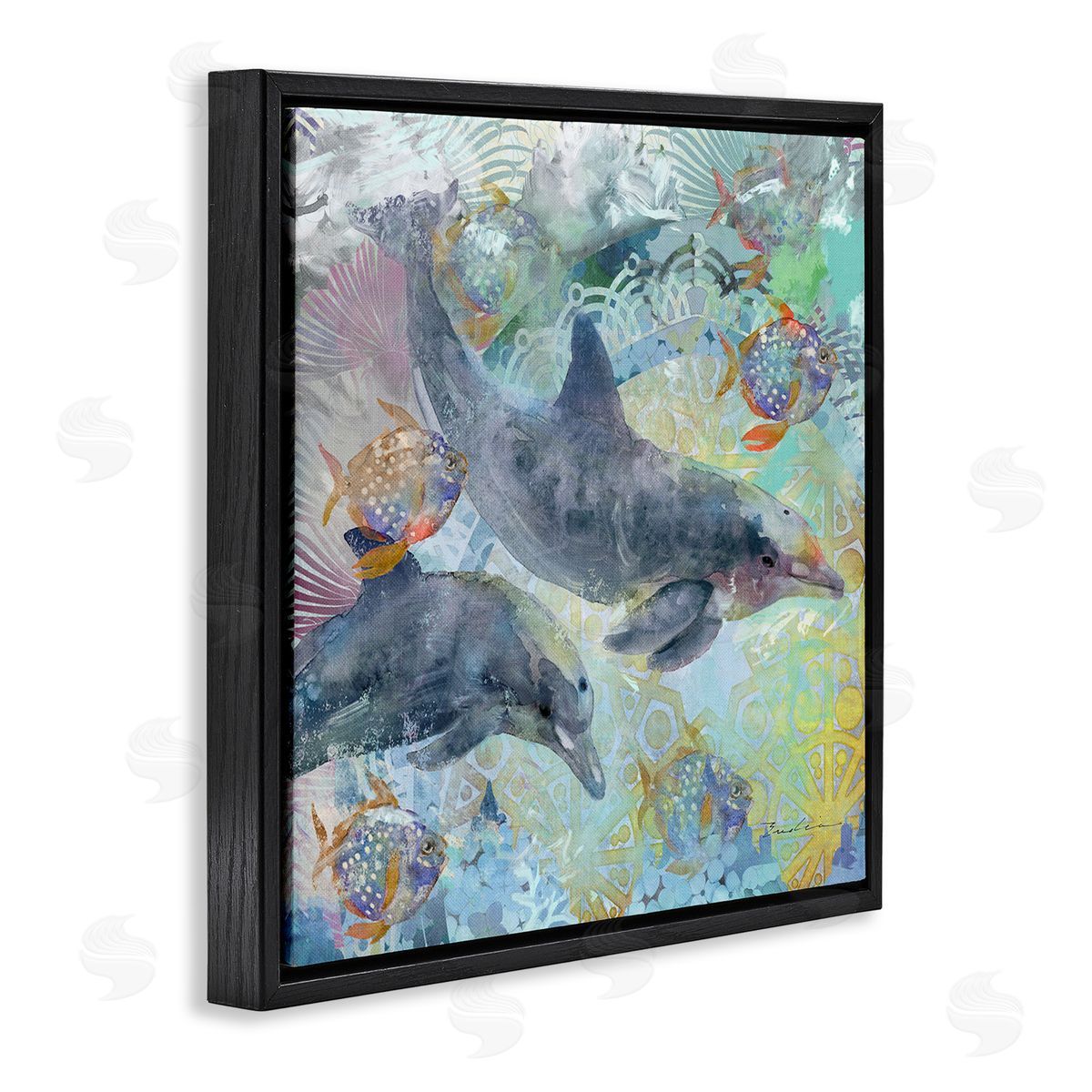 Evelia Designs Dolphins & Fish Aquatic Fractals Black Floating Frame Canvas Wall Art Print