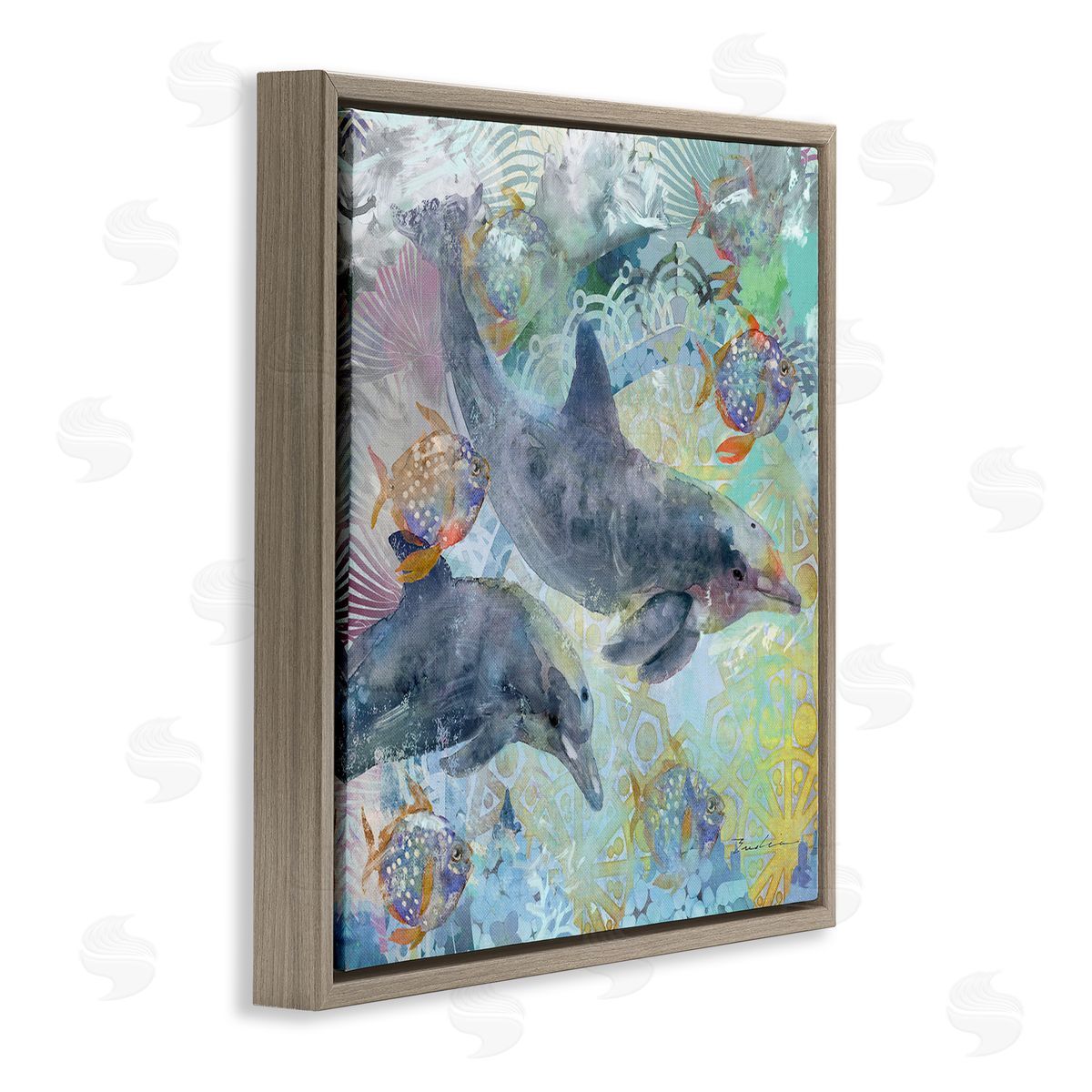 Evelia Designs Dolphins & Fish Aquatic Fractals Brown Floating Frame Canvas Wall Art Print