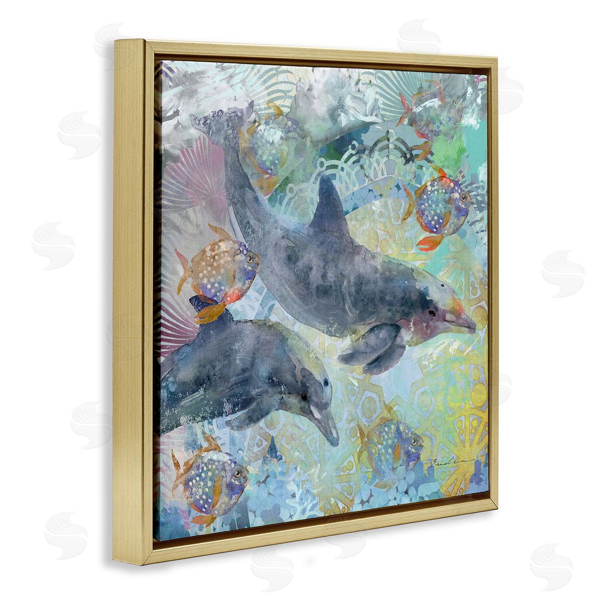 Evelia Designs Dolphins & Fish Aquatic Fractals Gold Floating Frame Canvas Wall Art Print