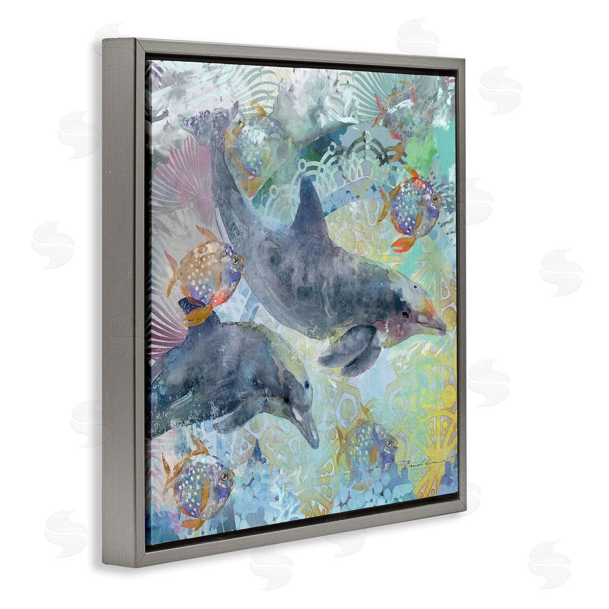 Evelia Designs Dolphins & Fish Aquatic Fractals Gray Floating Frame Canvas Wall Art Print