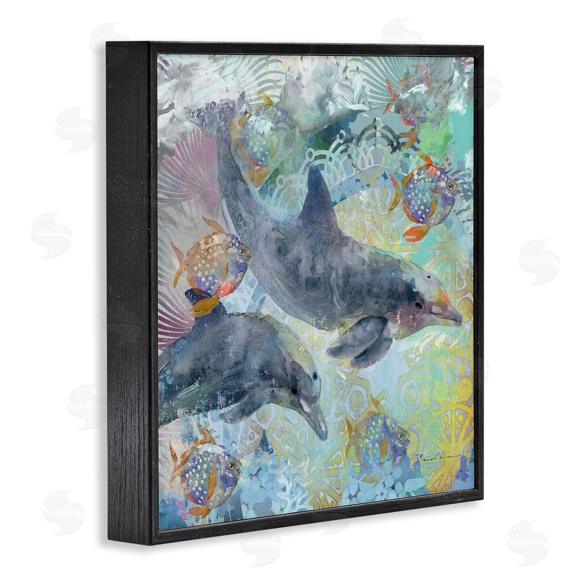 Evelia Designs Dolphins & Fish Aquatic Fractals Black Framed Glicee Wall Art Print