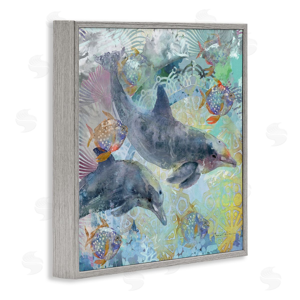 Evelia Designs Dolphins & Fish Aquatic Fractals Gray Framed Glicee Wall Art Print