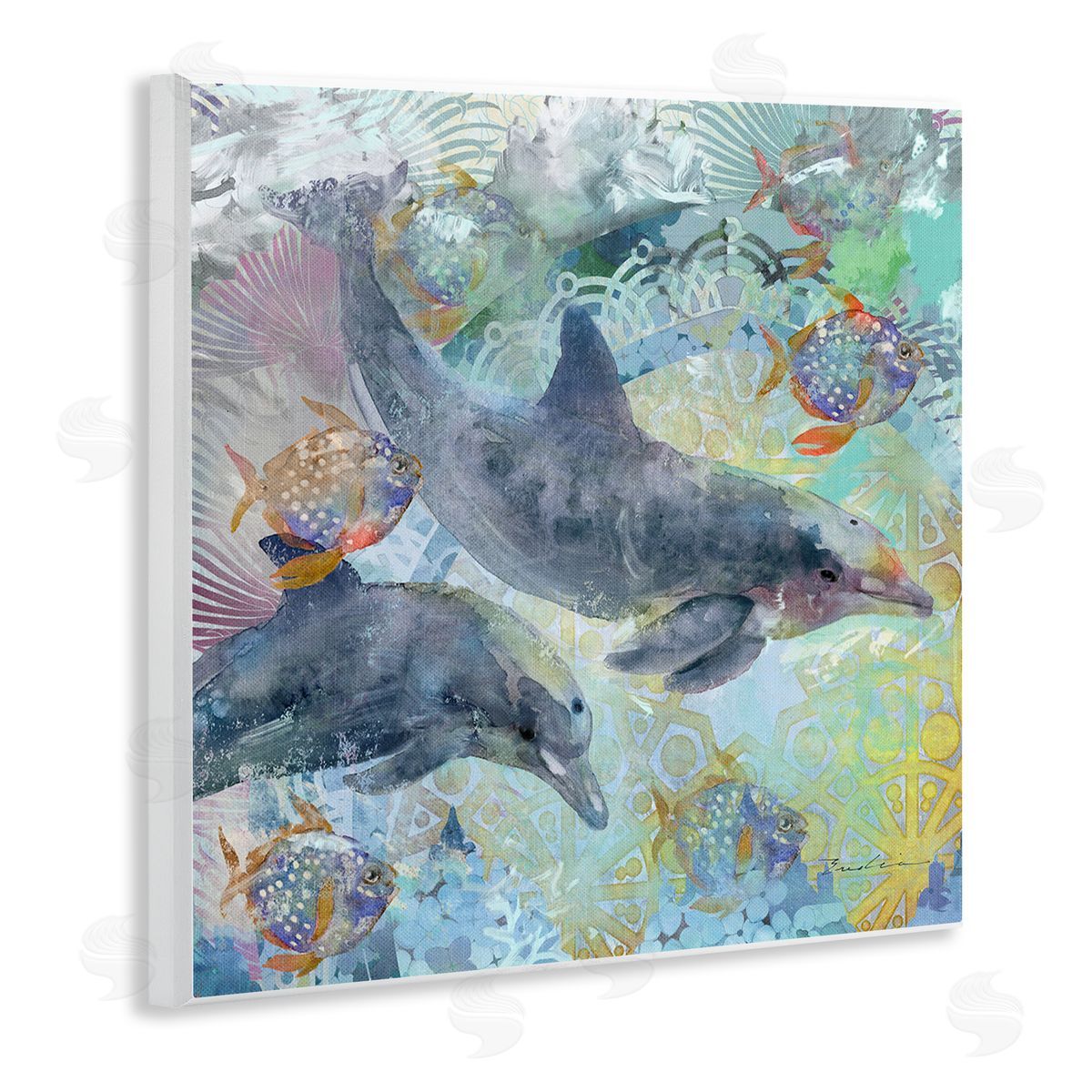 Evelia Designs Dolphins & Fish Aquatic Fractals Wooden Wall Plaque Art Print