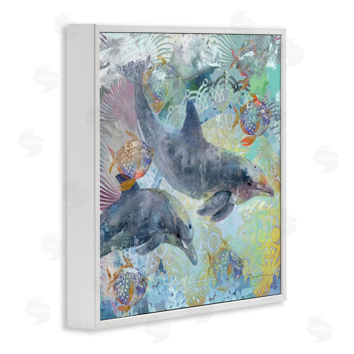Evelia Designs Dolphins & Fish Aquatic Fractals White Framed Glicee Wall Art Print