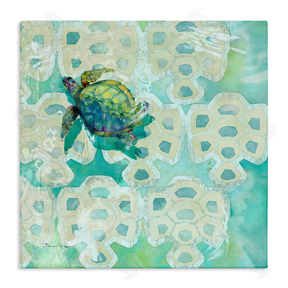 Evelia Designs Sea Turtle Geometric Pattern Stretched Canvas Wall Art Print