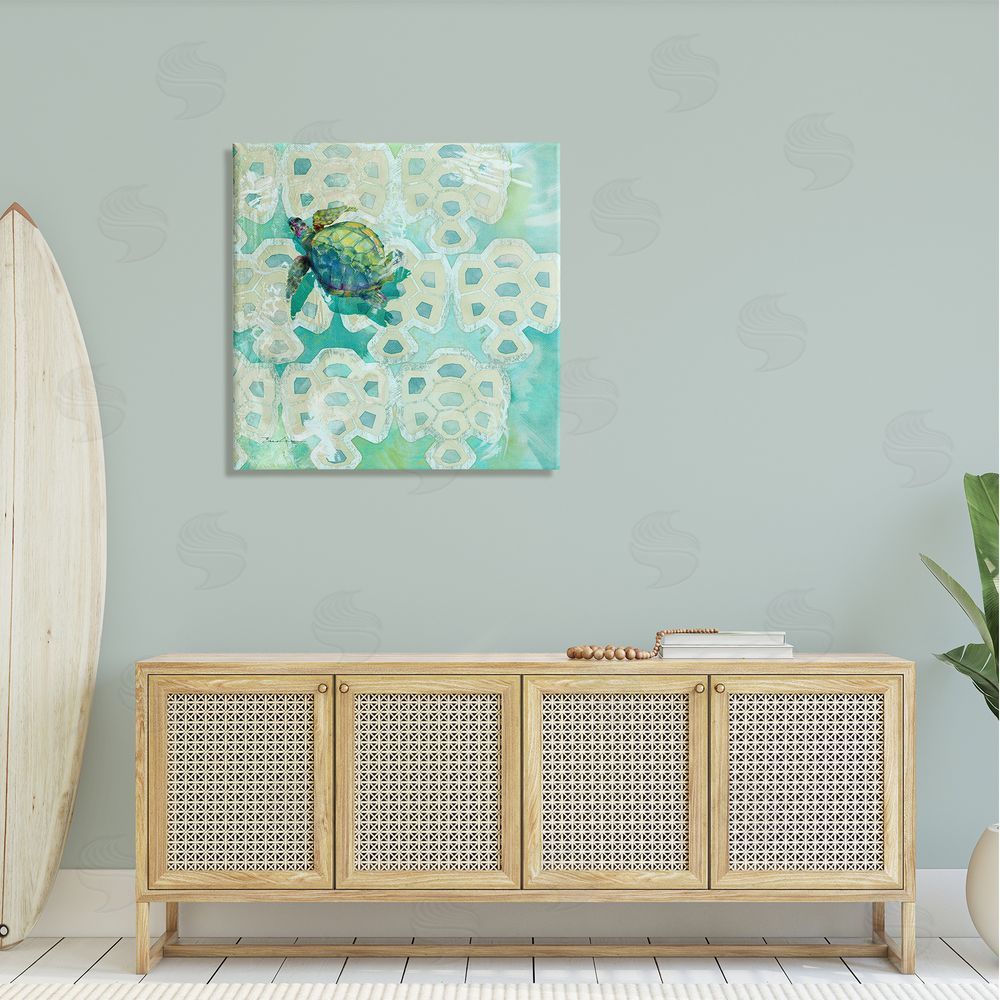 Evelia Designs Sea Turtle Geometric Pattern Canvas Wall Art in Room