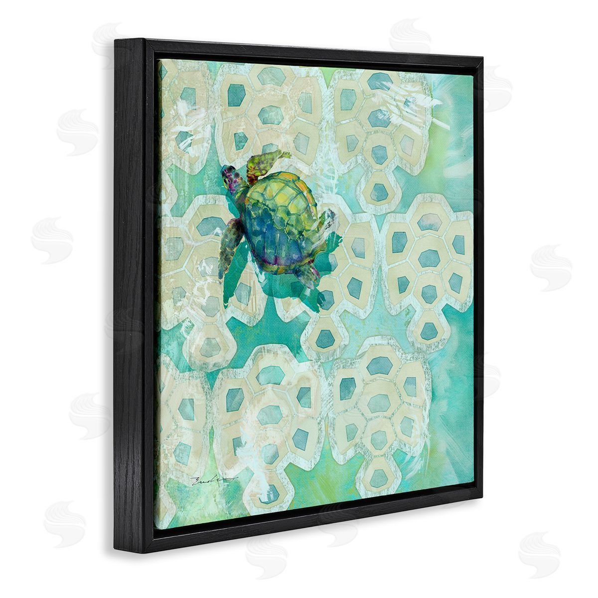 Evelia Designs Sea Turtle Geometric Pattern Black Floating Frame Canvas Wall Art Print