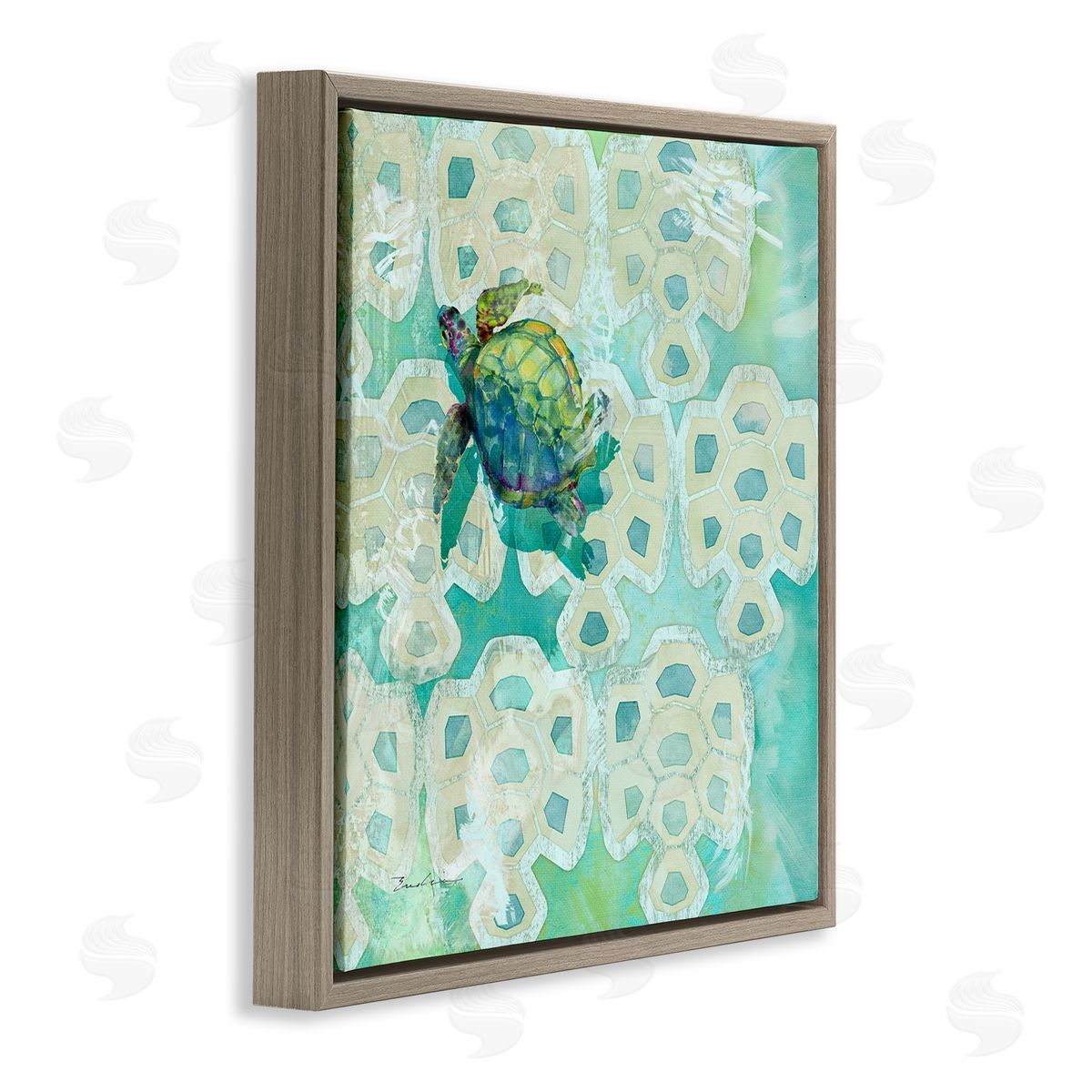 Evelia Designs Sea Turtle Geometric Pattern Brown Floating Frame Canvas Wall Art Print