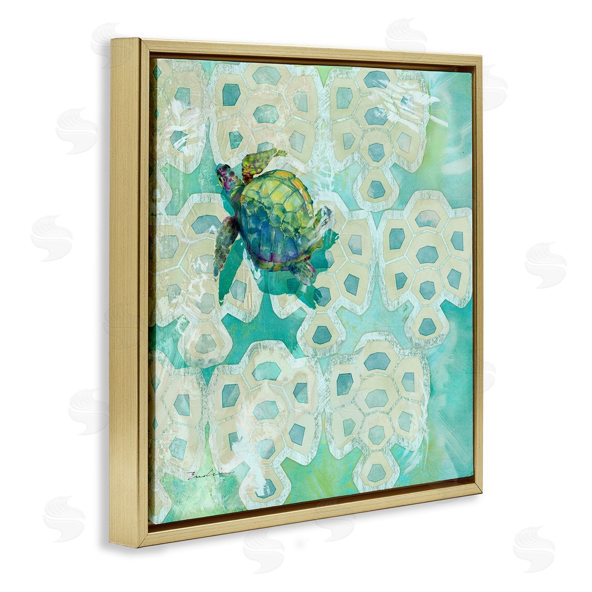 Evelia Designs Sea Turtle Geometric Pattern Gold Floating Frame Canvas Wall Art Print