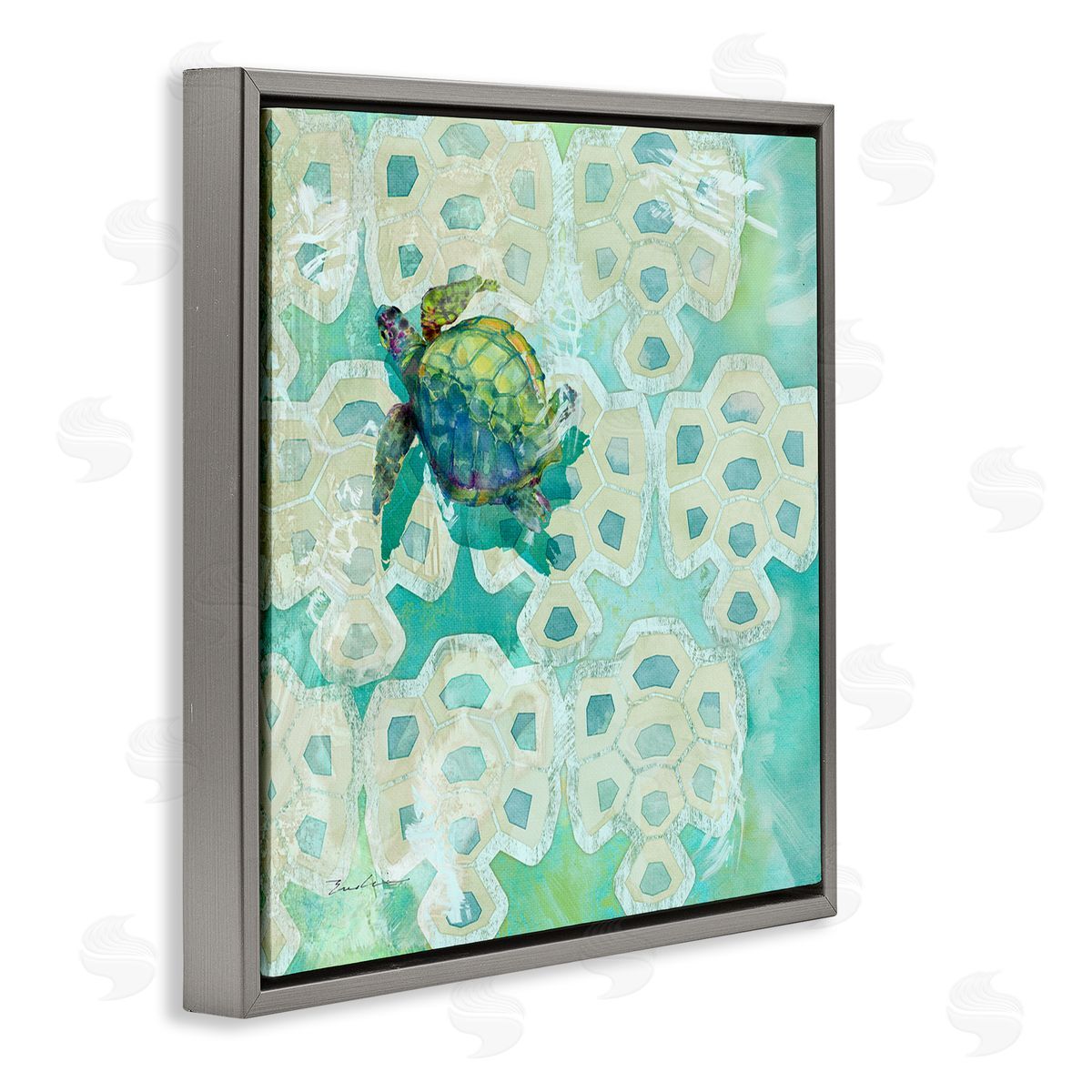 Evelia Designs Sea Turtle Geometric Pattern Gray Floating Frame Canvas Wall Art Print