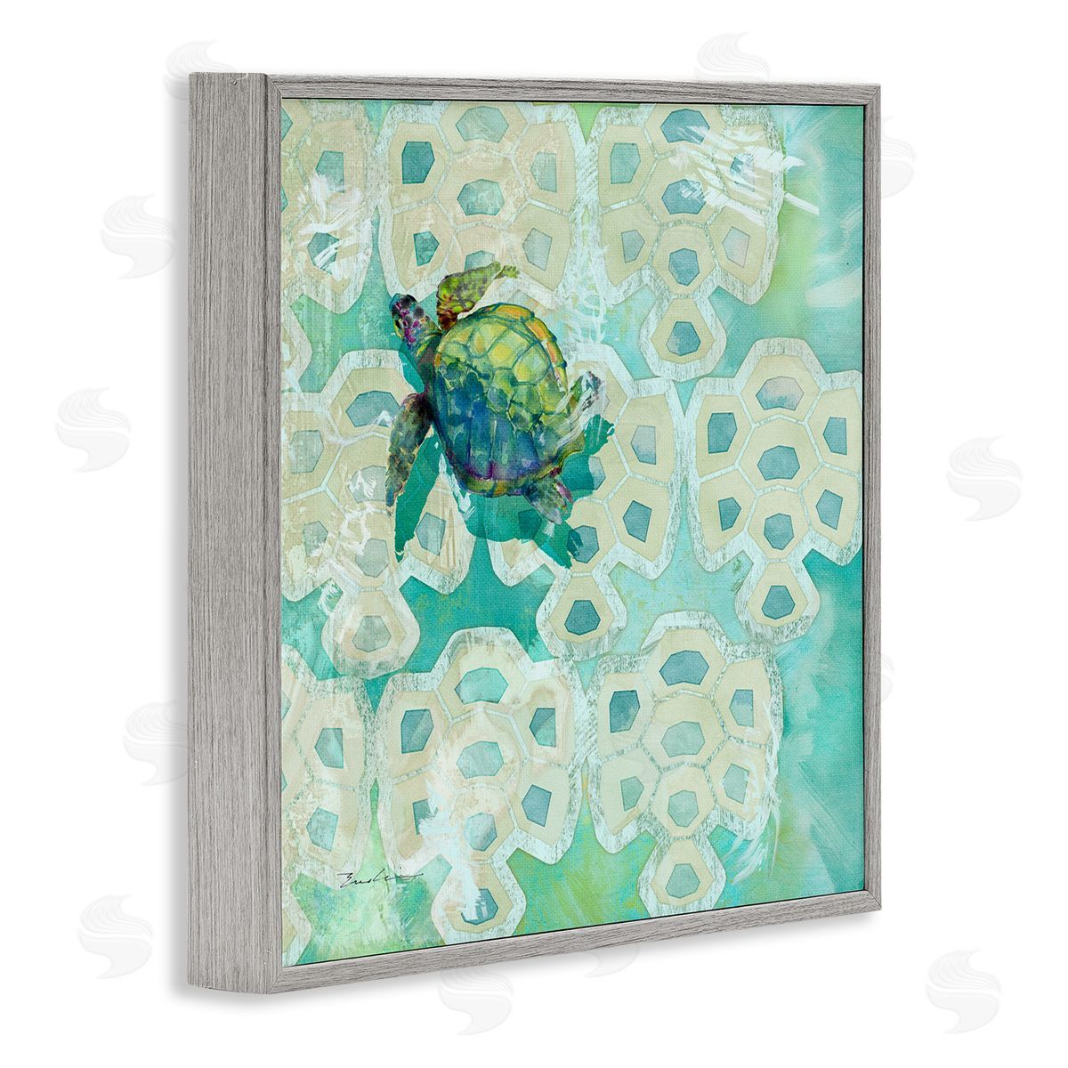 Evelia Designs Sea Turtle Geometric Pattern Gray Framed Glicee Wall Art Print