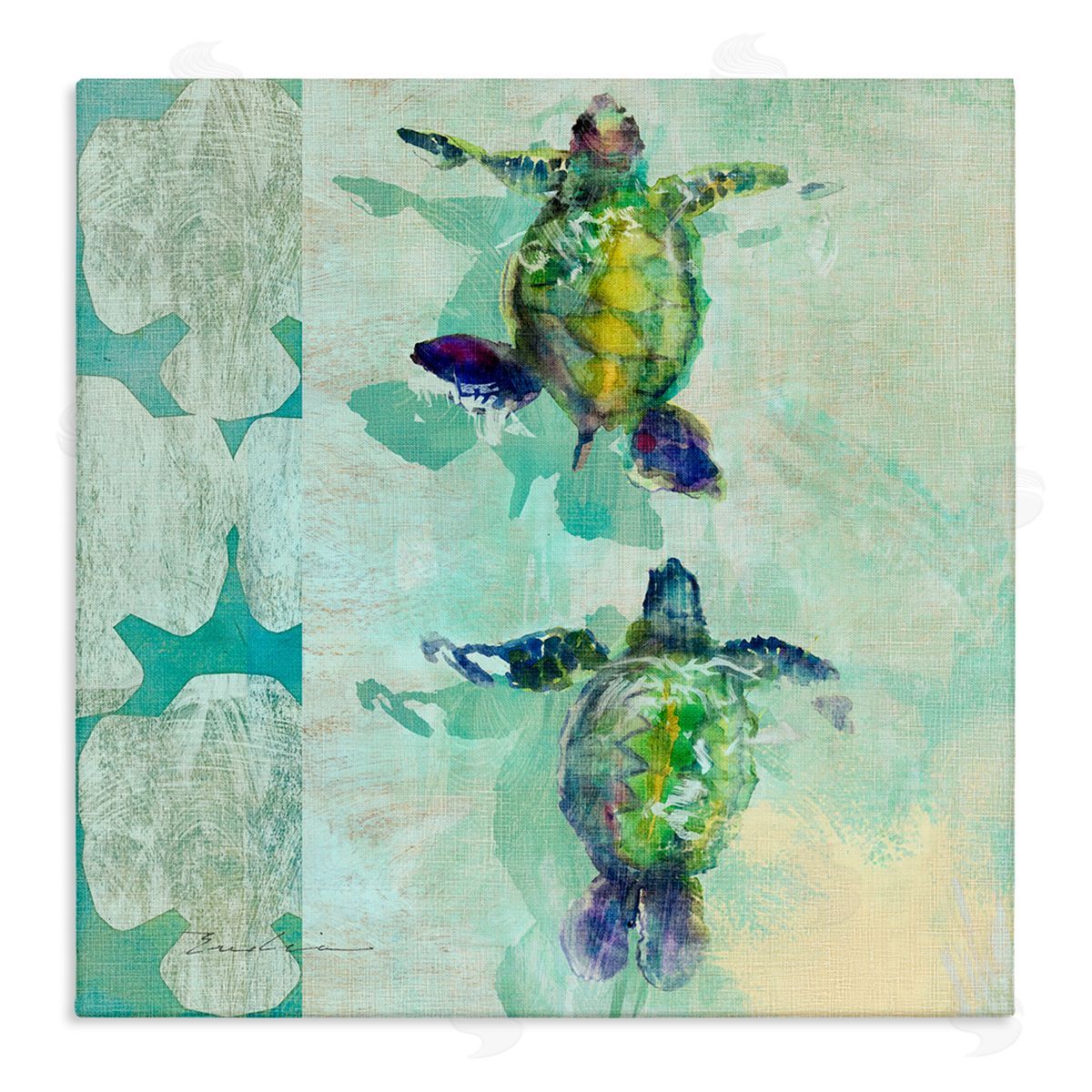 Evelia Designs Green Turtles Swimming Abstract Shapes Stretched Canvas Wall Art Print