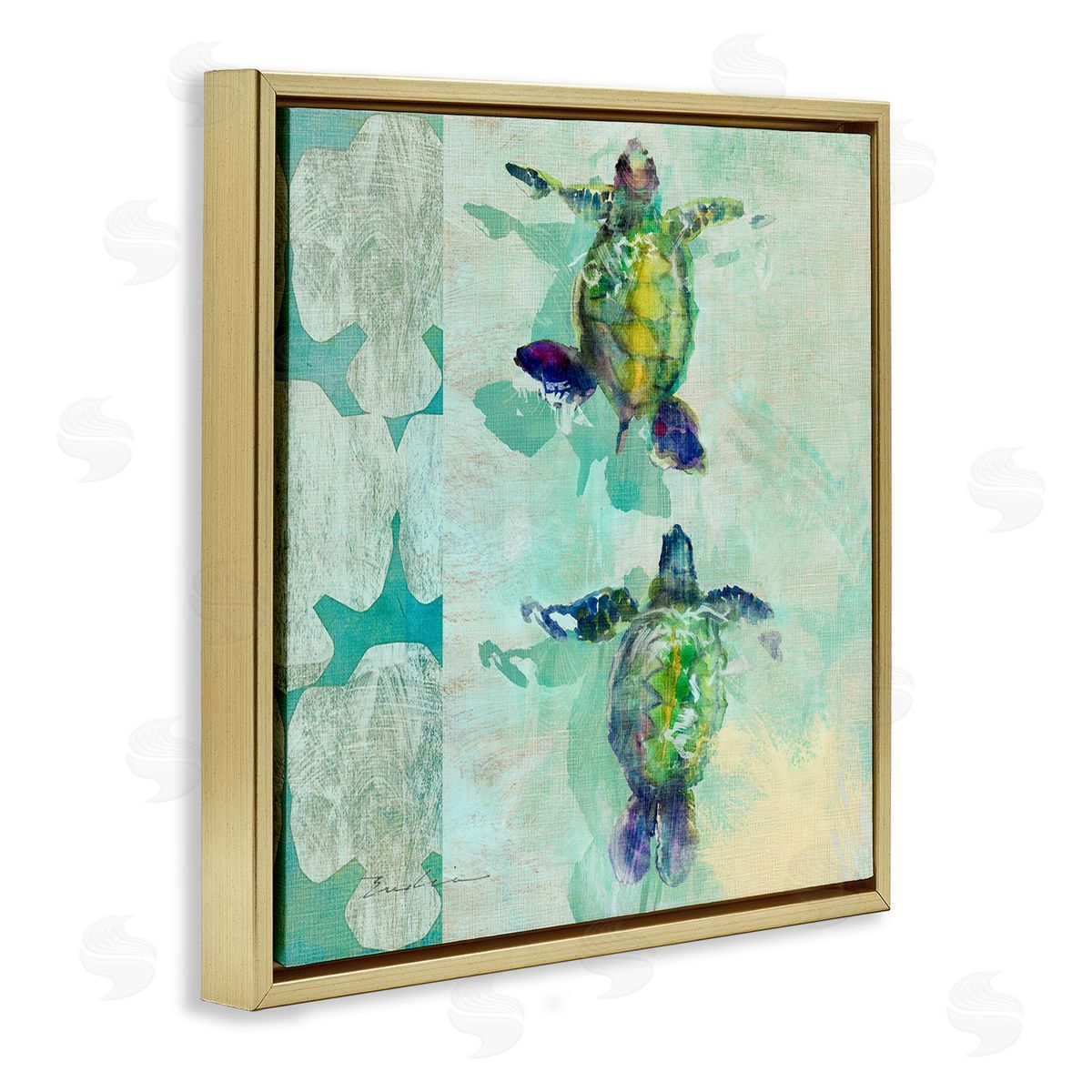 Evelia Designs Green Turtles Swimming Abstract Shapes Gold Floating Frame Canvas Wall Art Print