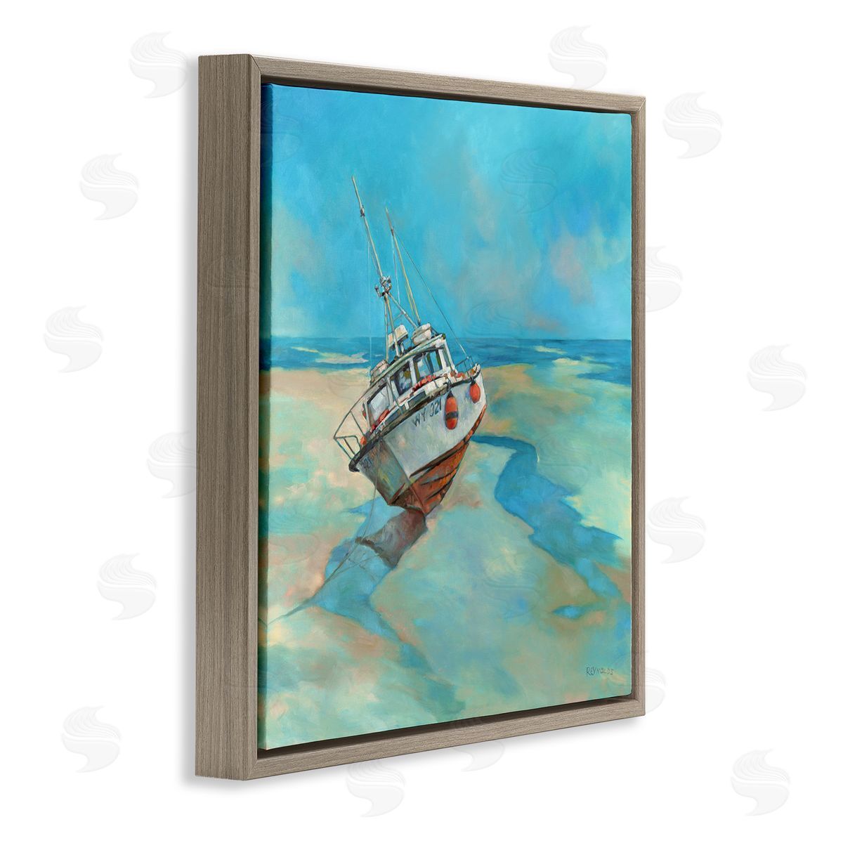 Graham Reynolds Low Tide Boat Beach Shore Brown Floating Frame Canvas Wall Art Print
