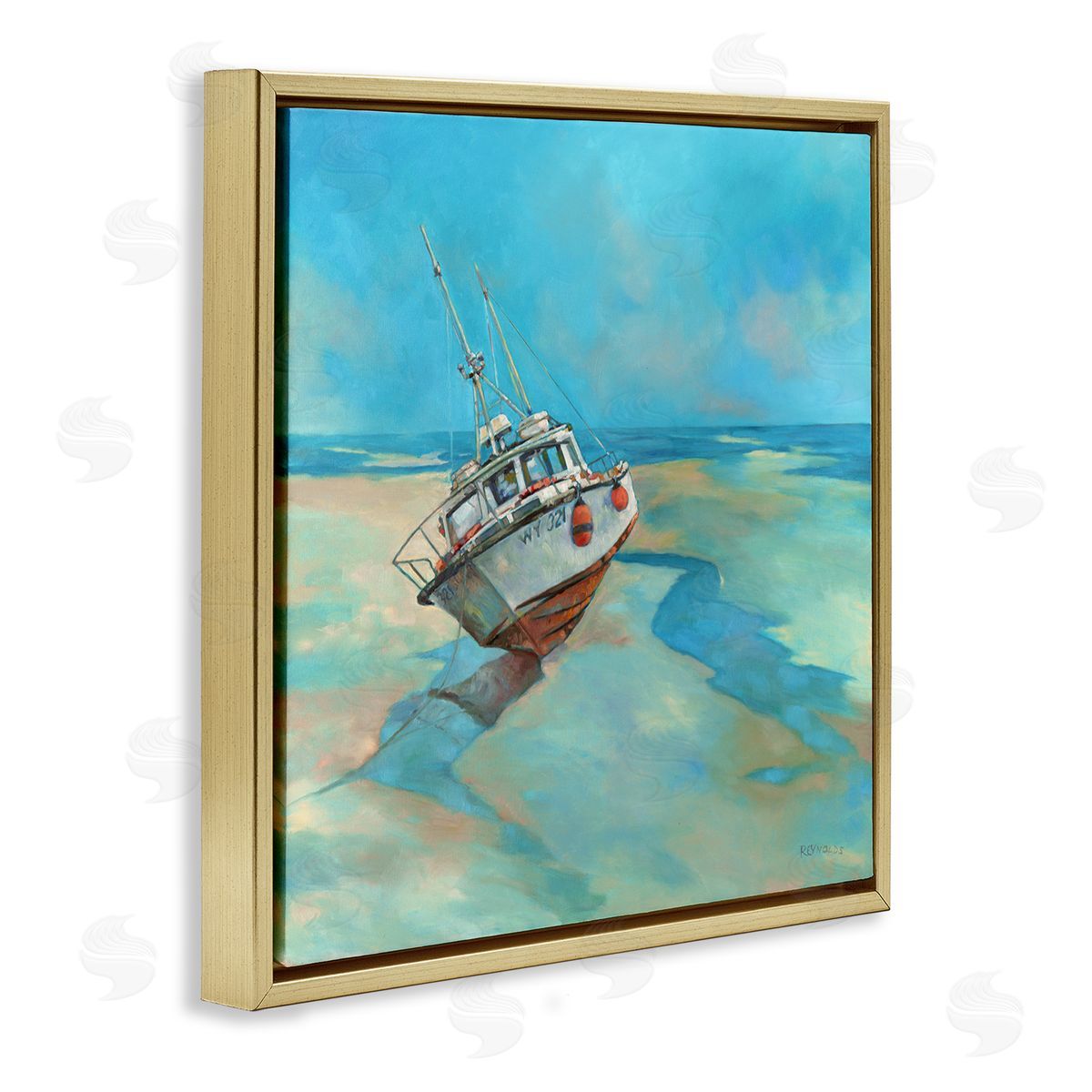 Graham Reynolds Low Tide Boat Beach Shore Gold Floating Frame Canvas Wall Art Print