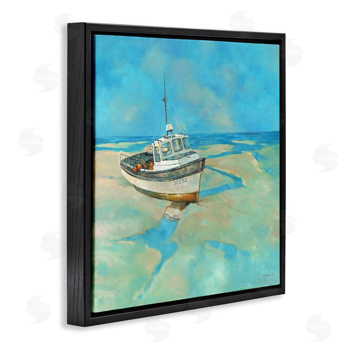 Graham Reynolds Docked Boat Low Tide Shore Black Floating Frame Canvas Wall Art Print