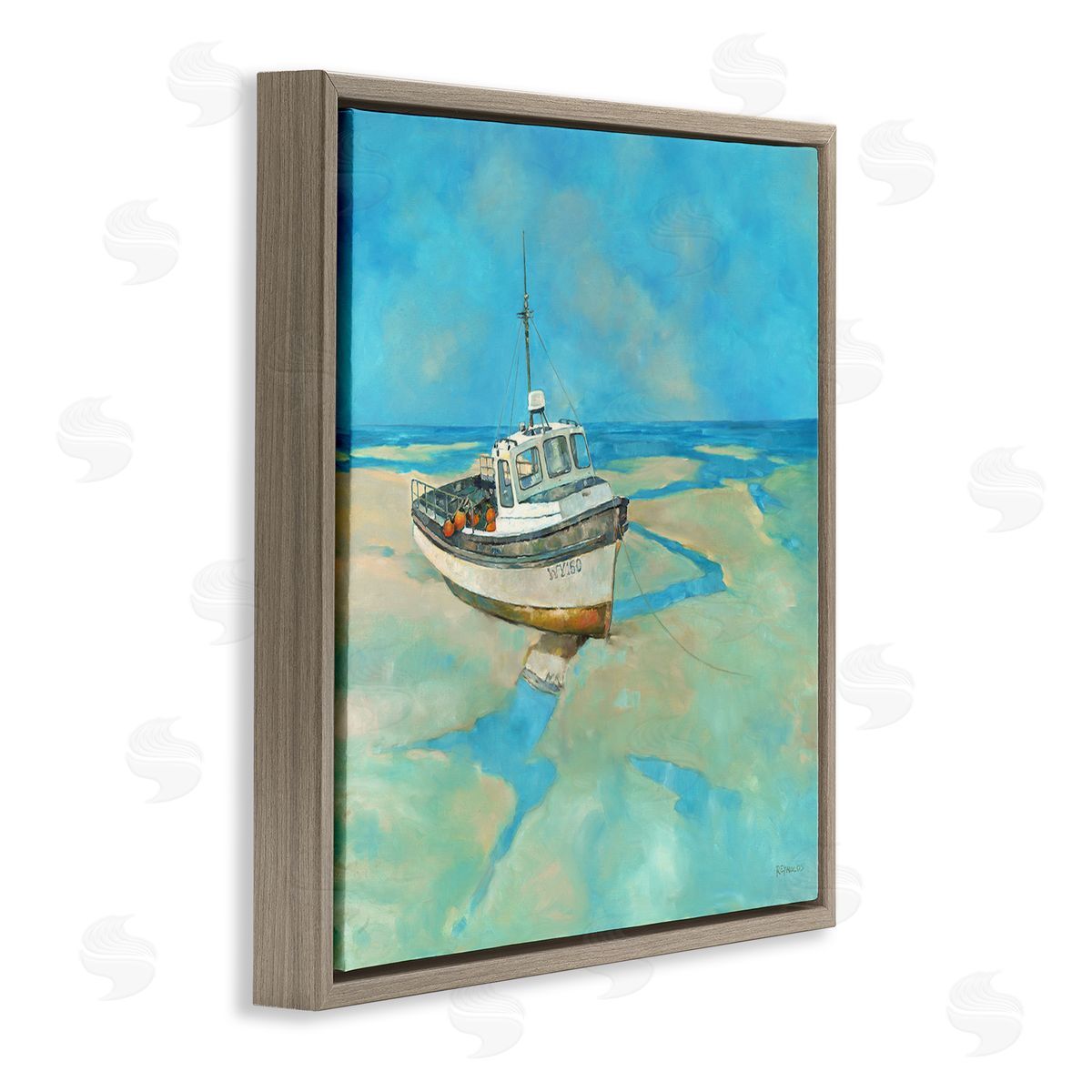Graham Reynolds Docked Boat Low Tide Shore Brown Floating Frame Canvas Wall Art Print