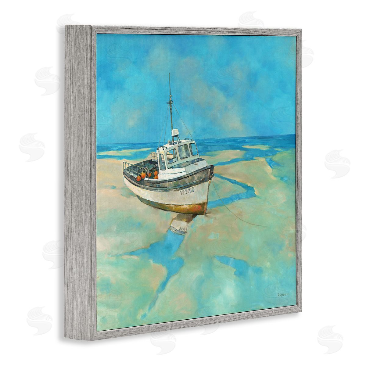 Graham Reynolds Docked Boat Low Tide Shore Gray Framed Glicee Wall Art Print