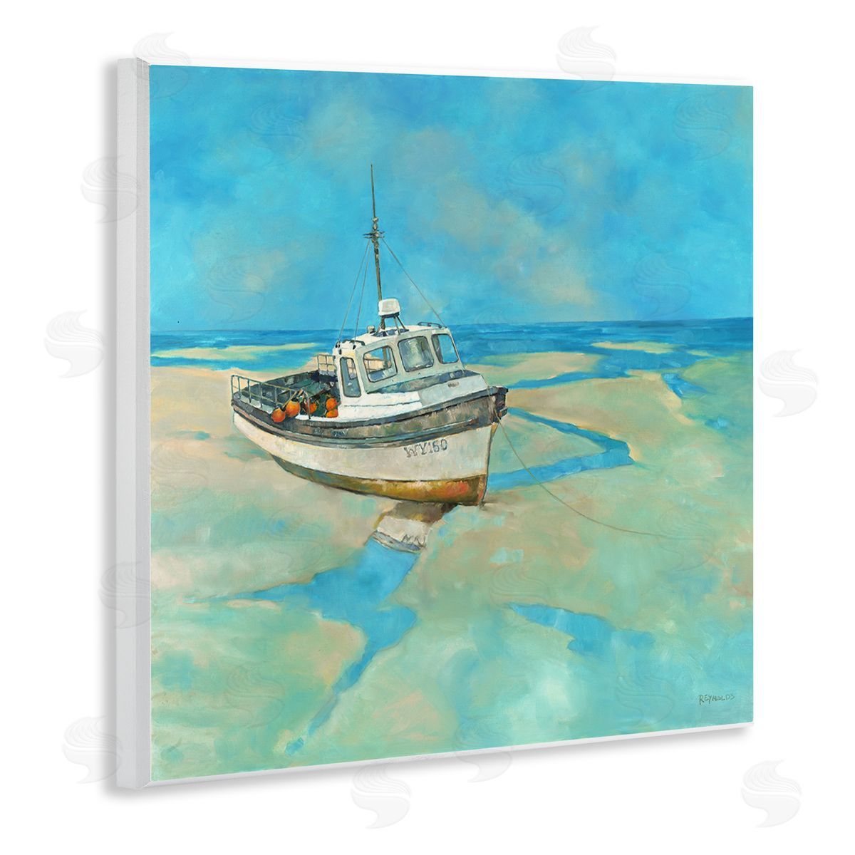 Graham Reynolds Docked Boat Low Tide Shore Wooden Wall Plaque Art Print
