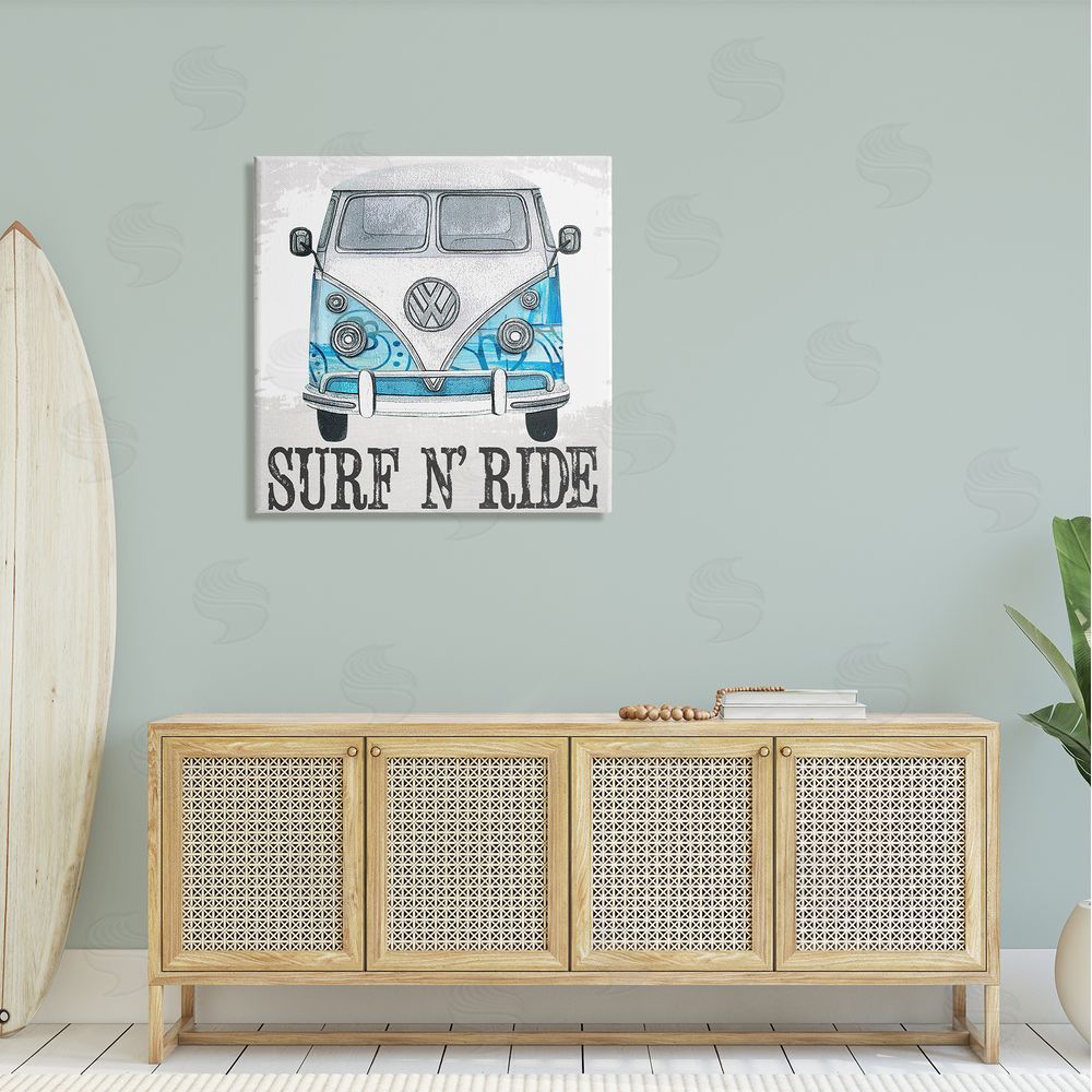 Karen Smith Surf N Ride Blue Retro Summer Bus Canvas Wall Art in Room