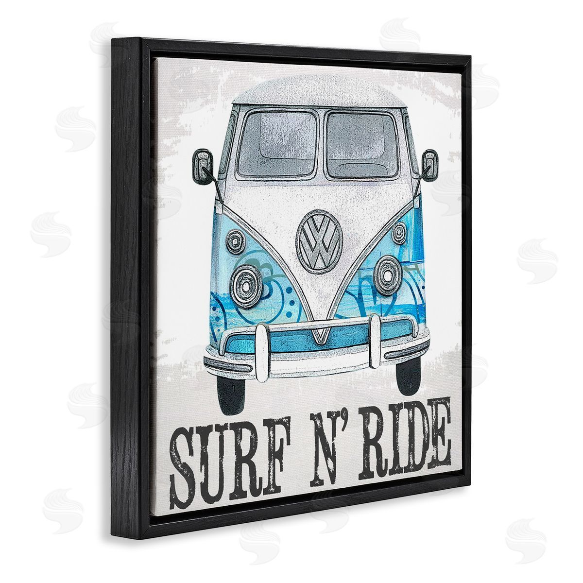 Karen Smith Surf N Ride Blue Retro Summer Bus Black Floating Frame Canvas Wall Art Print
