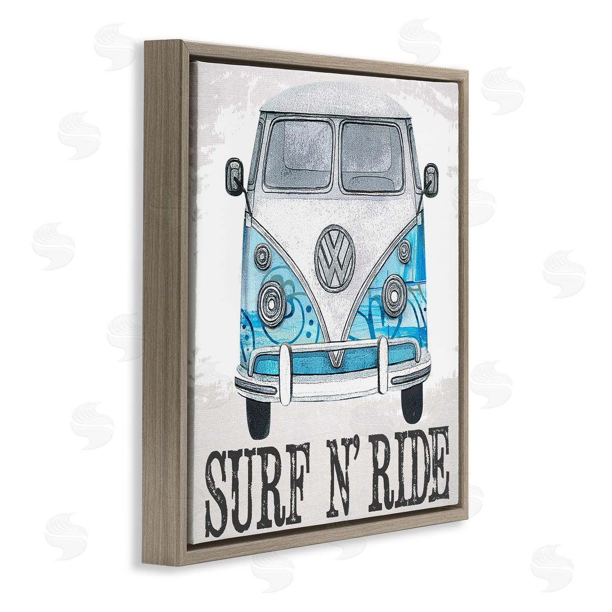 Karen Smith Surf N Ride Blue Retro Summer Bus Brown Floating Frame Canvas Wall Art Print