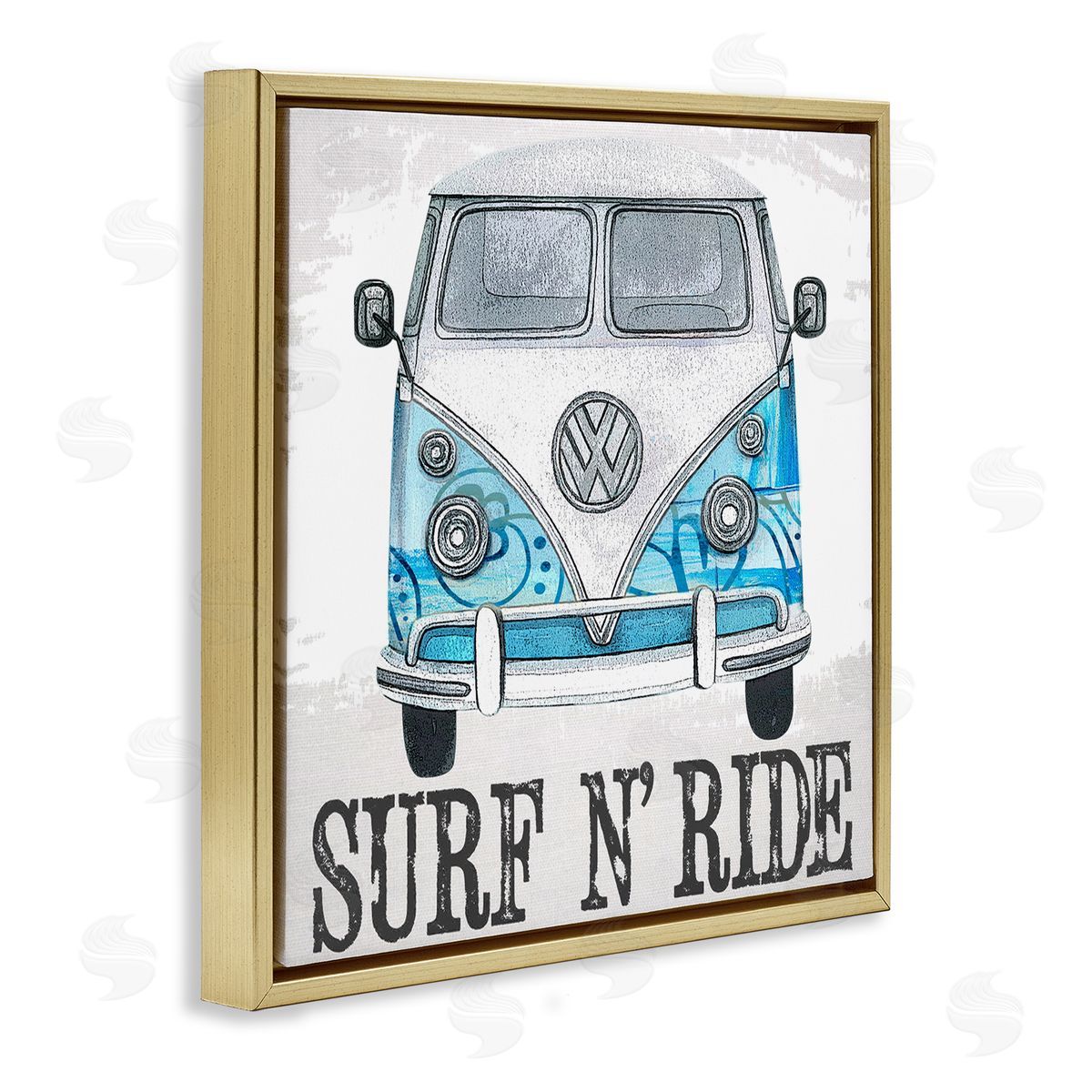 Karen Smith Surf N Ride Blue Retro Summer Bus Gold Floating Frame Canvas Wall Art Print