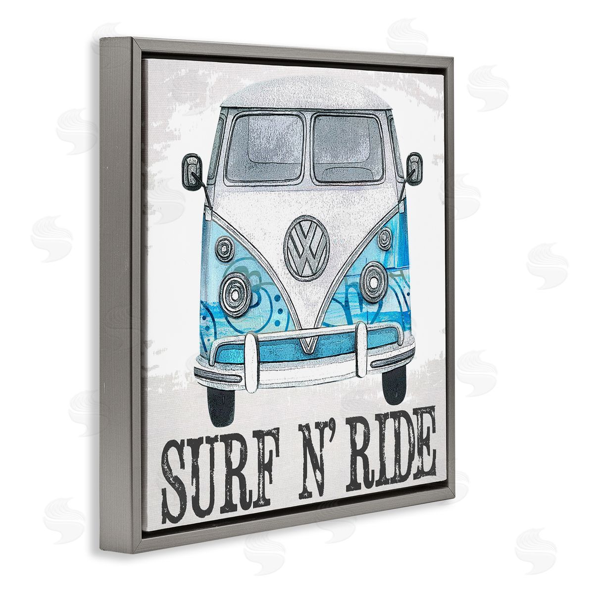 Karen Smith Surf N Ride Blue Retro Summer Bus Gray Floating Frame Canvas Wall Art Print