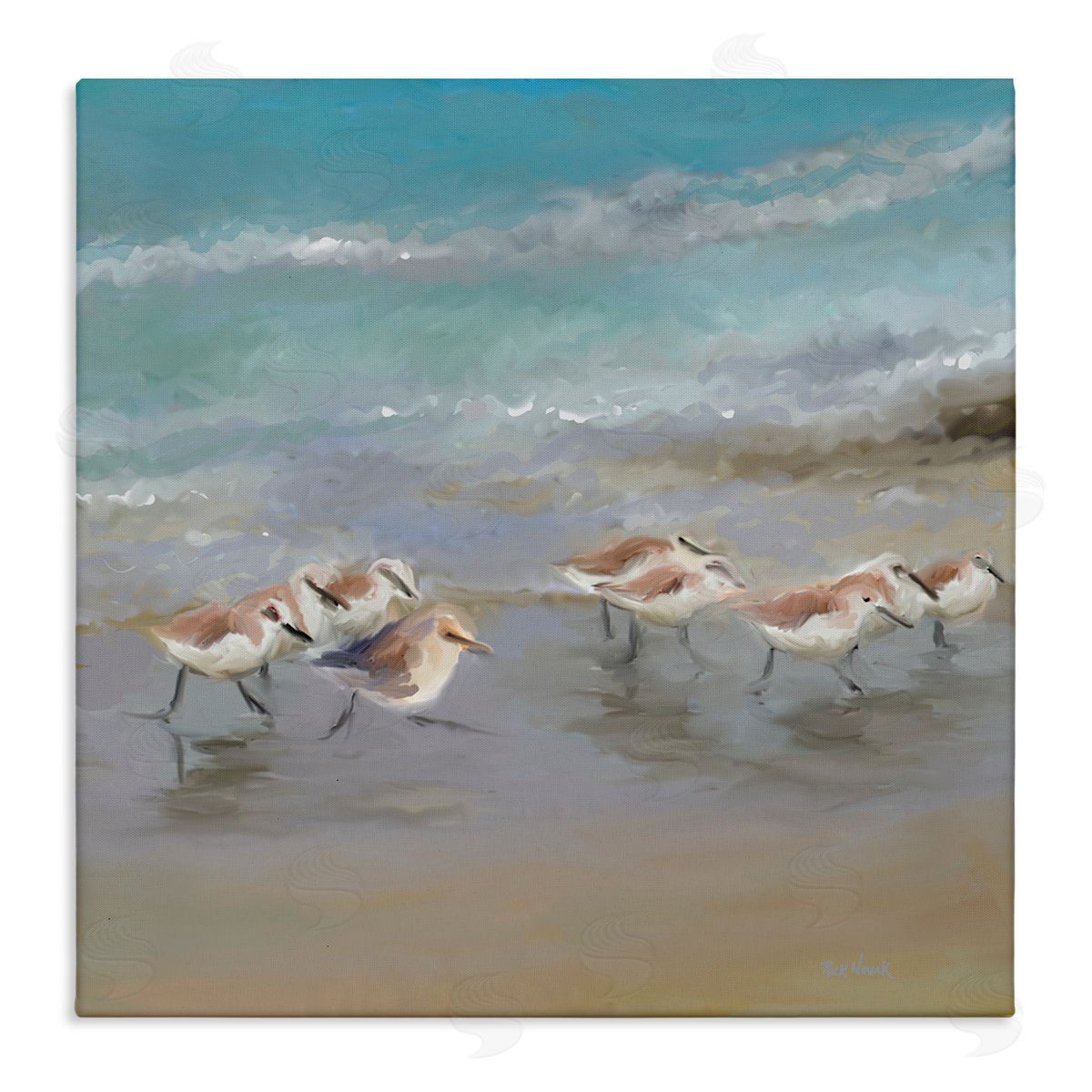 Rick Novak Coastal Sandpipers Beach Waves Shore Stretched Canvas Wall Art Print
