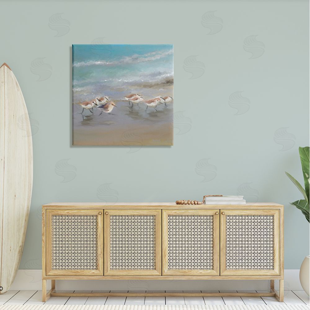 Rick Novak Coastal Sandpipers Beach Waves Shore Canvas Wall Art in Room